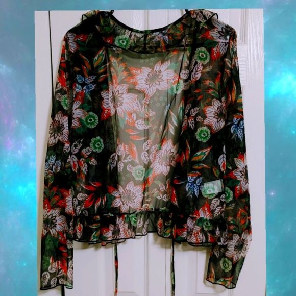 Floral Sheer Blouse - Black, Green, Orange - Picture 2 of 11